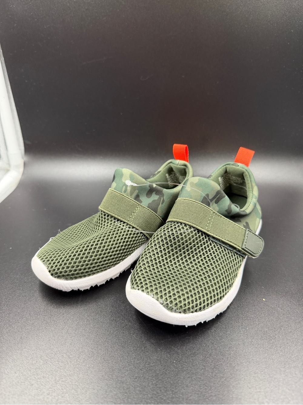 Cat & Jack Olive Green Camo Mesh Sneakers with Orange Pull Tab